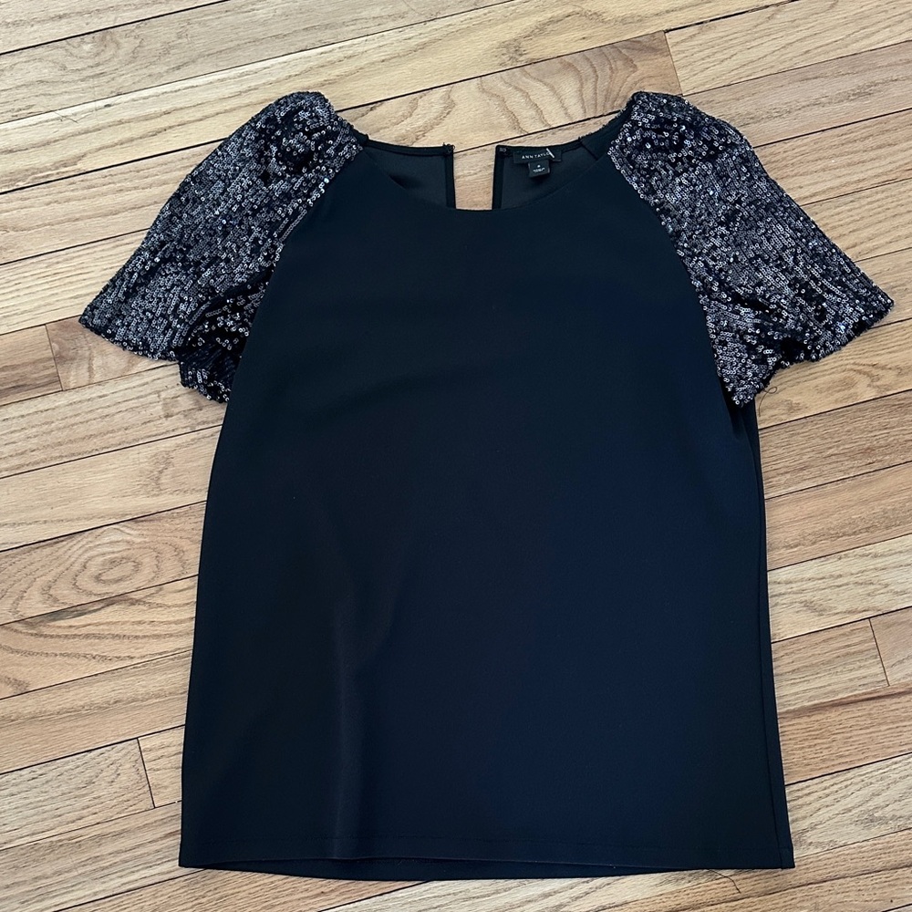 Ann Taylor Black Top with Sequin Sleeves
